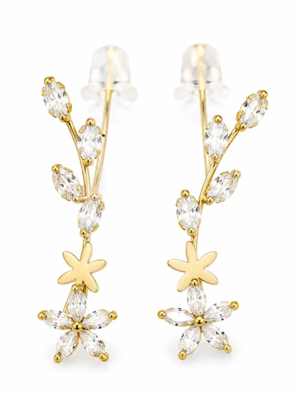 Floral Cubic Zirconia Gold Tone Cuff Earrings ✨